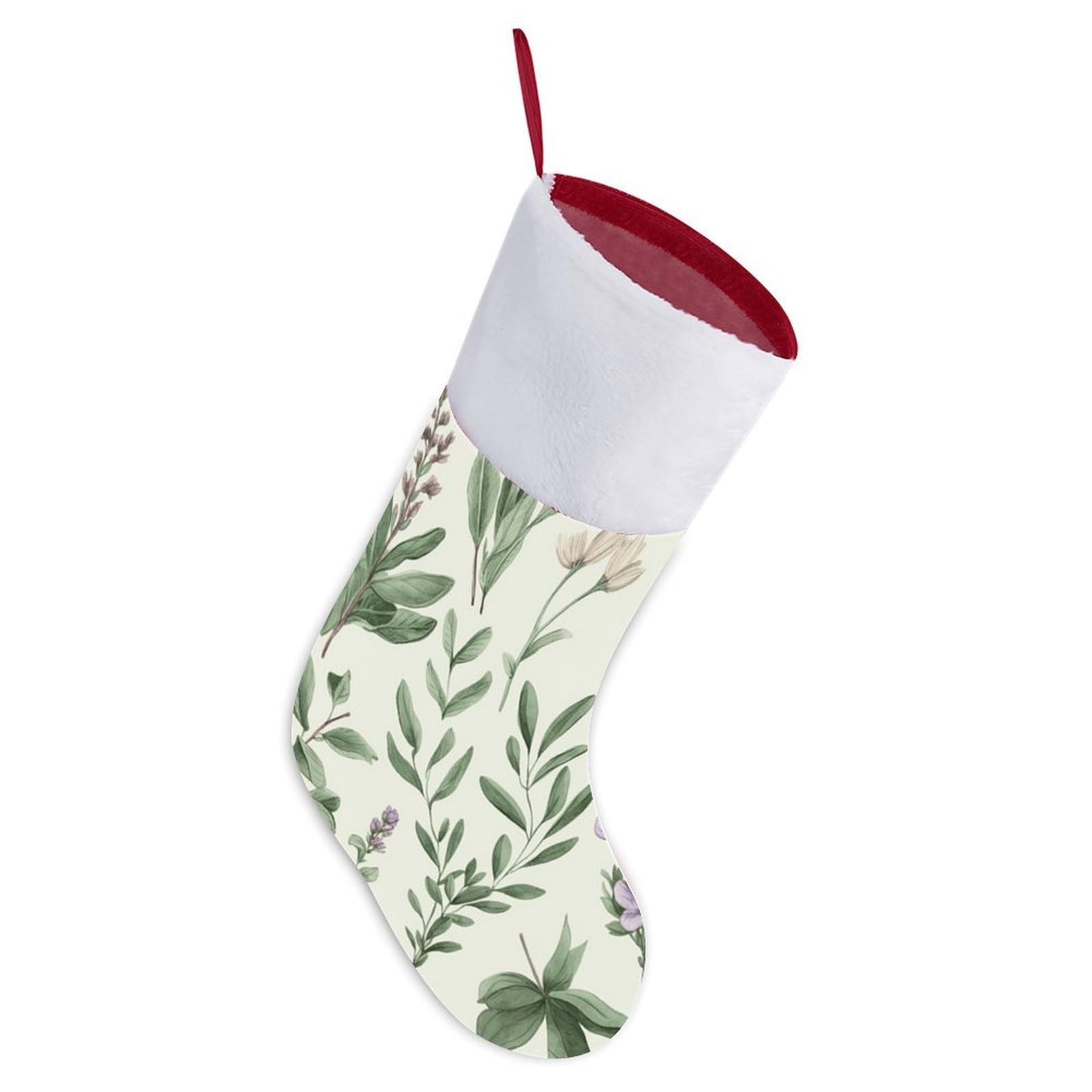 Green Flower Herb Sage Leaves and Branches Christmas Stocking, 16.5 Inch Festive Themed Socks Personalized Hanging Stockings Large Super Soft Xmas Stocking for Xmas Tree Mantel Party Decor