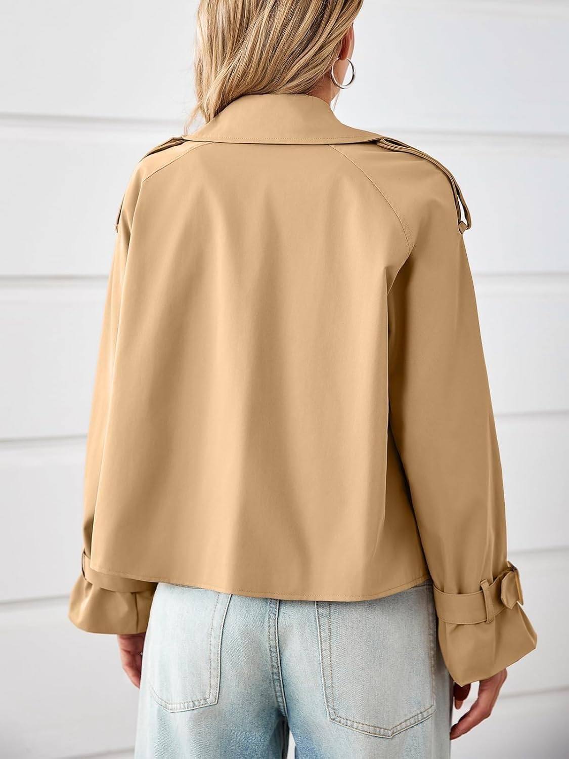 Tankaneo Womens Cropped Trench Coat Oversized Double Breasted Lapel Long Sleeve Short Jacket Fashion Outerwear - Image 6