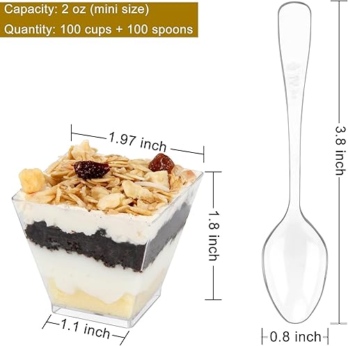 Miniatura 2 de Colovis Tazas Mini para Postres, 100 CT Tazas de Plástico Transparente de 2oz para Parfait y Aperitivos con Cucharas, Cuencos Mini Cuadrados para