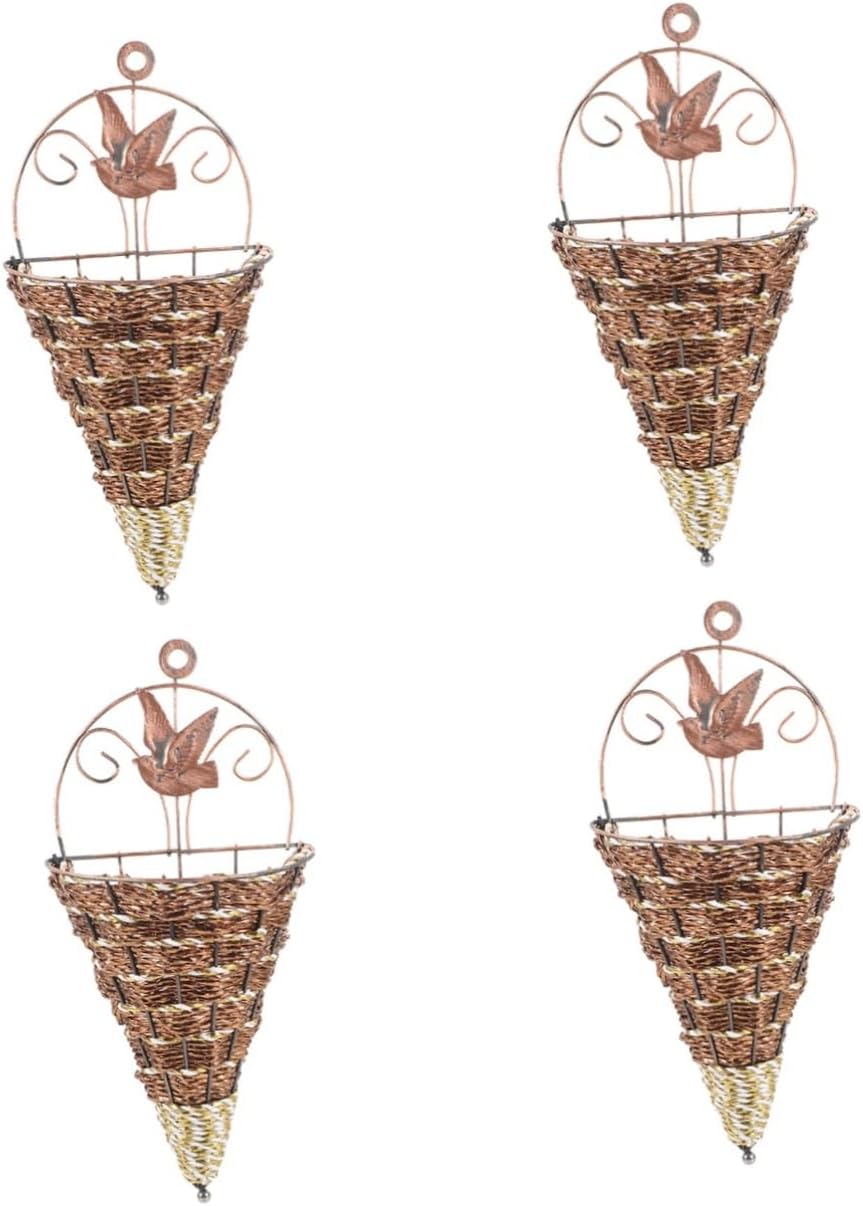 Generic 4pcs Wall Hanging Flower Basket Wall Hanging Planter Basket Wall Planter Vase Straw Flower Basket Cone Shaped Hanging Baskets Hand Woven Plant Basket Rattan Hanging Planter Iron