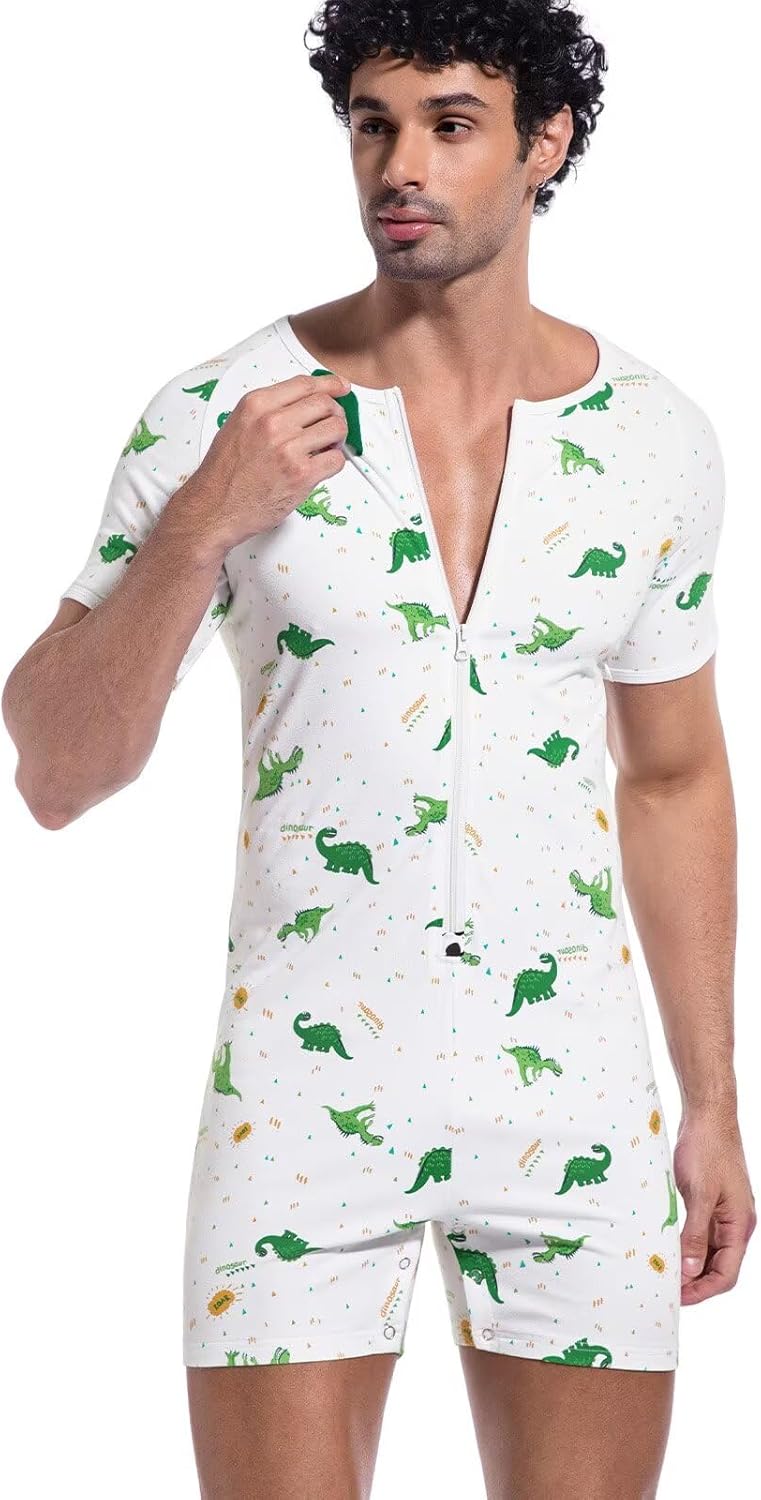 Landofgenie Men's Short Sleeve Romper Crotch Shirt Bodysuit One Piece Pajamas - Image 2