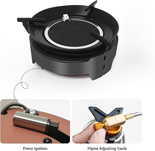 Miniatura 5 de Estufa de camping 3600W Estufa portátil para mochileros con encendido piezoeléctrico, adaptador de recipiente de combustible, estufa de gas a prueba