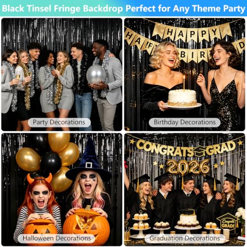 Image of Black Foil Fringe Curtain Party Streamers 2Pack 3.3x8.3 Ft, Black Tinsel Foil Curtain Backdrop Photo Booth Props for Birthday Wedding Bridal Baby Shower Halloween Party Decorations Door Streamers