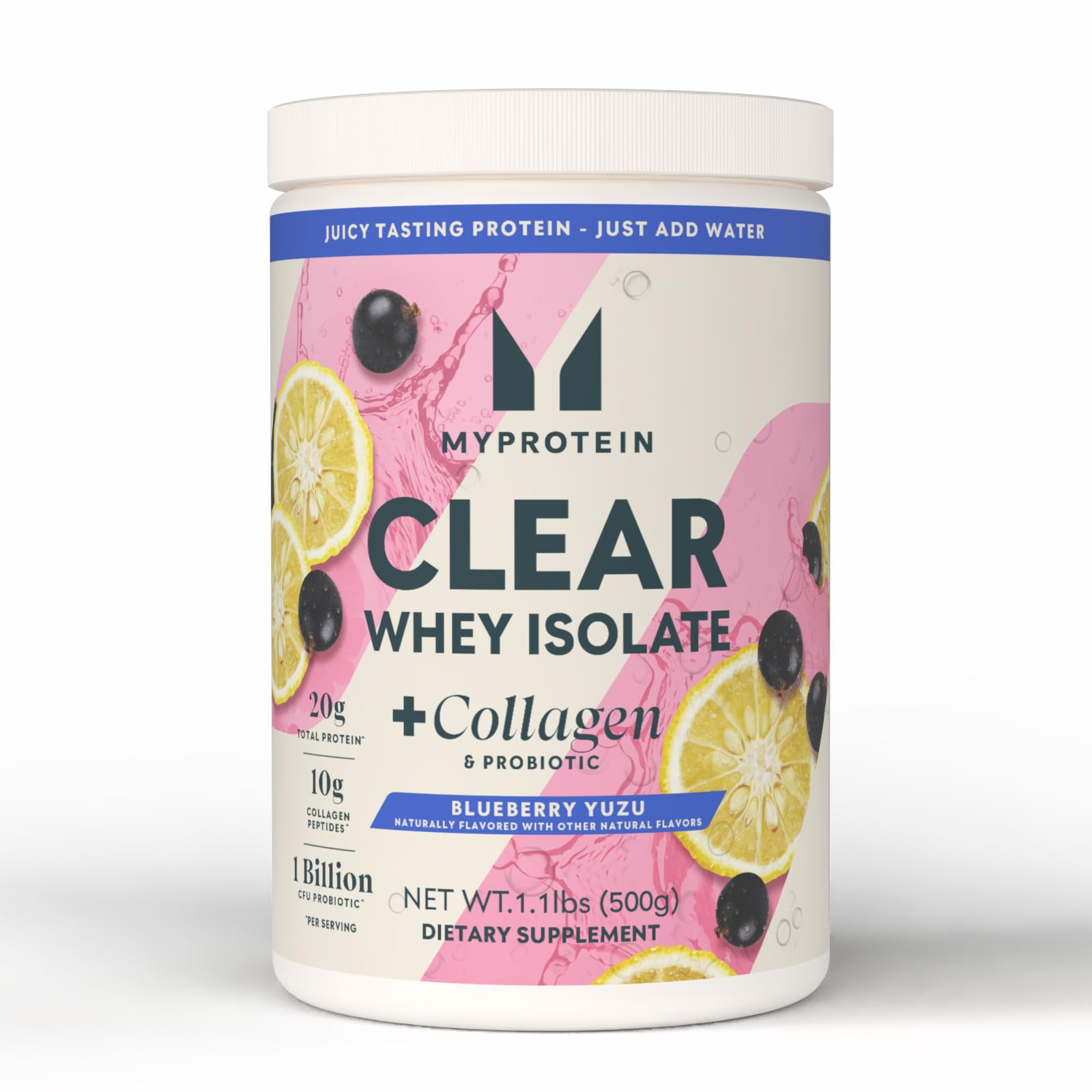 Myprotein Clear Whey Isolate + Collagen & Probiotic, Blueberry Yuzu, 20 Servings — Clear Protein Powder with 20g Total Protein, 10g Collagen Peptides Blueberry