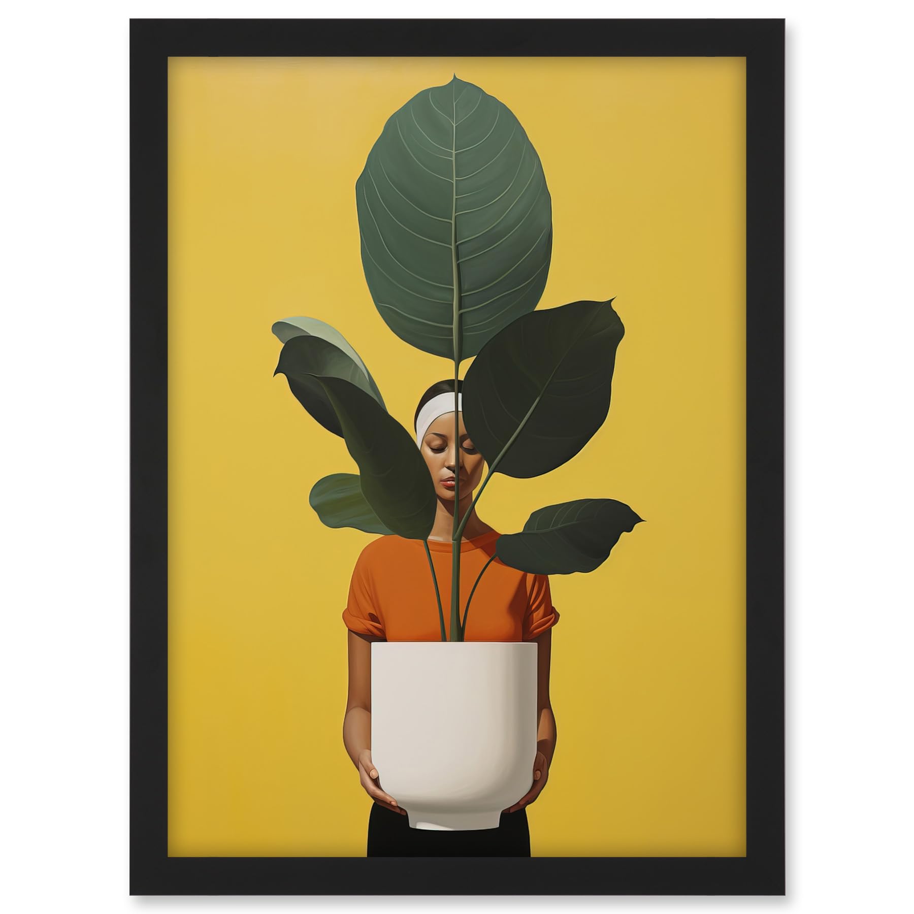 Artery8 Rubber Tree Showcase Realistic Oil Painting Yellow Orange Green Woman with Plant Pot Minimalist Artwork Framed A3 Wall Art Print