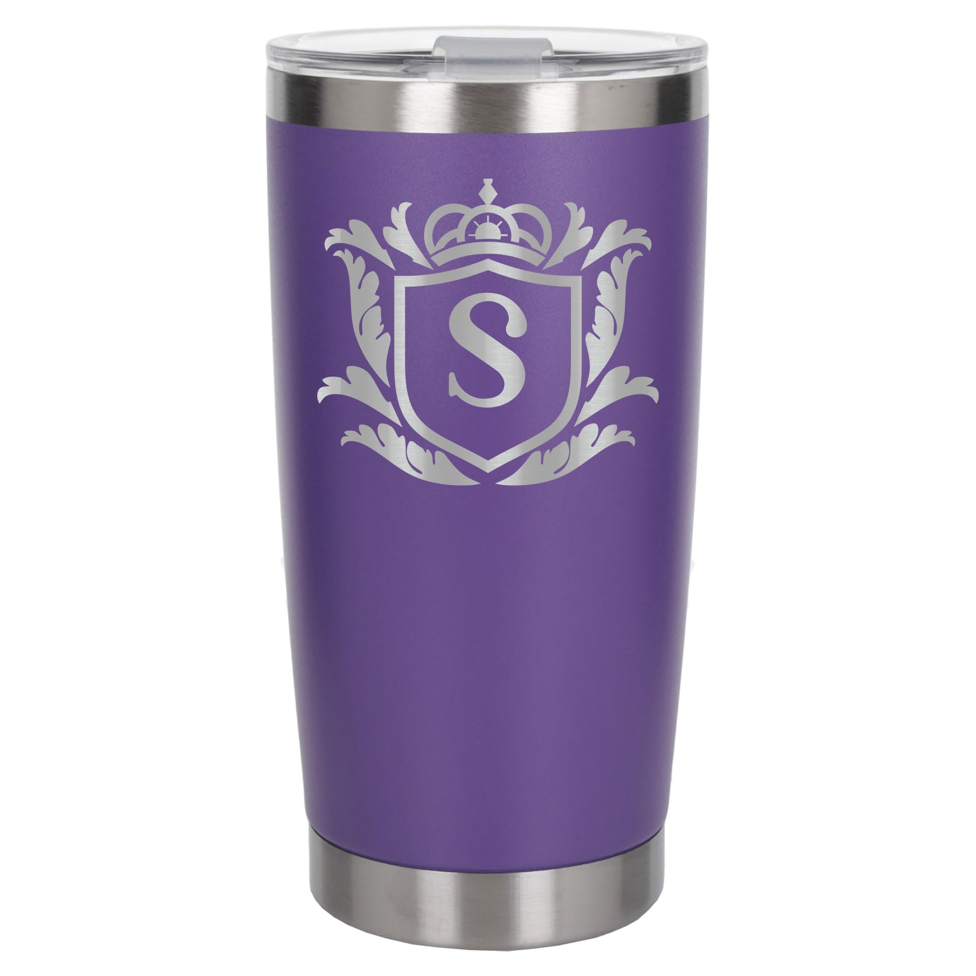 Customised Gifts 500ml Engraved Shield Initial Monogram Insulated Personalised Purple Travel Mug for Men and Women - Personalised Initial Coffee Travel Mug for Hot and Cold Beverages, Letter S
