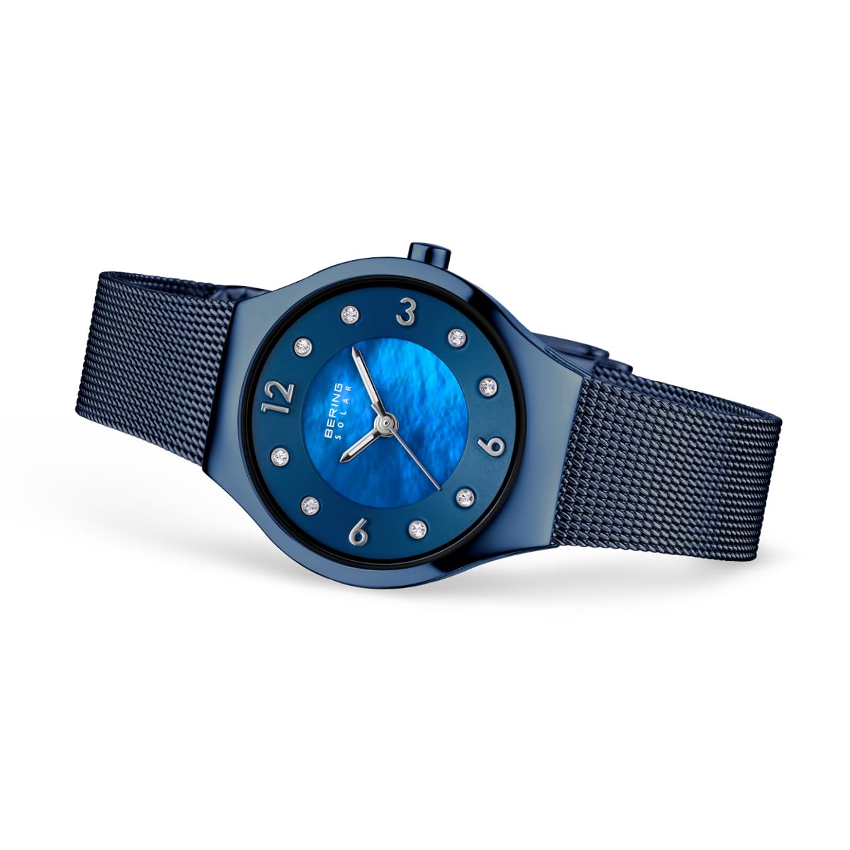 Bering Damen Solar Uhr | Armbanduhr 27 mm Edelstahlgehäuse und Perlmutt Zifferblatt | Milanaisearmband | Saphierglas | 5 ATM | 14427