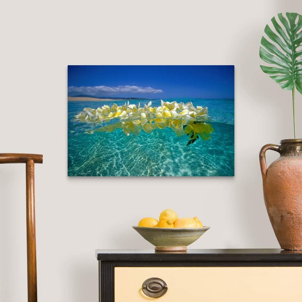 Plumeria Lei Floating On Ocean Surface Canvas Wall Art Print, Hawaii Artwork 24 x 16 inch