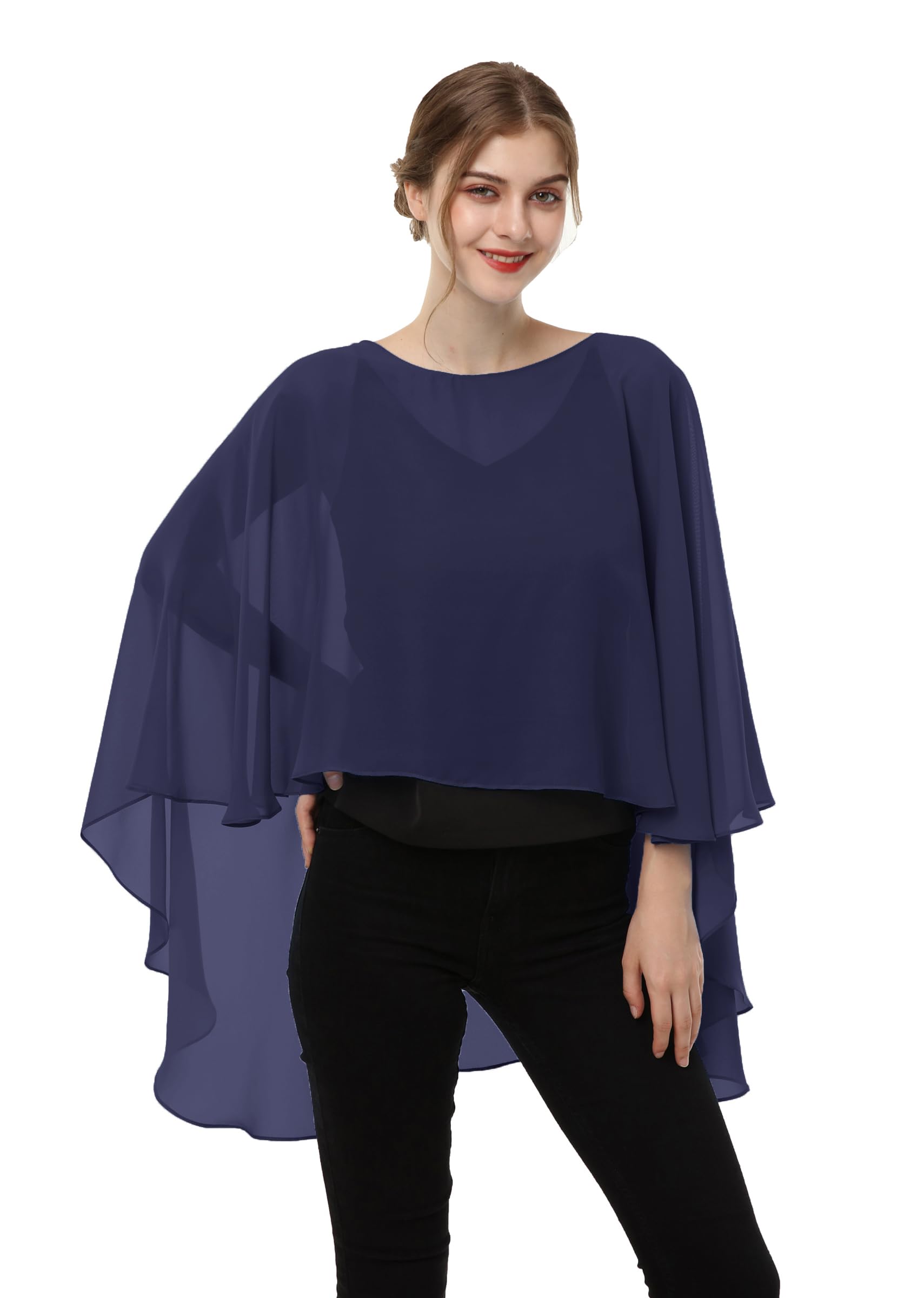 Hotshawl Women's Navy Soft Chiffon Capelet Capes Poncho Stole For Cover Up, Large