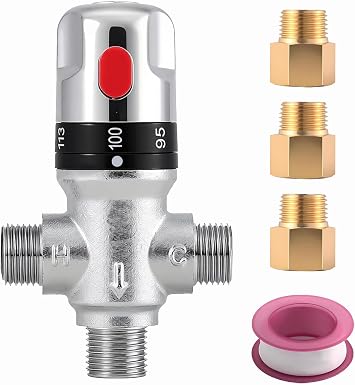 TreMax Thermostatic Mixing Valve,Shower Water Mixing Valve, With 1/2G to 1/2 NPT Connection Adaptors, Water Temperature Control Valve,Fahrenheit Scale Mark, Solid Brass Silver