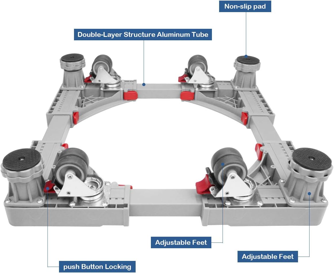 Crazy Deals Fridge stand Adjustable Dolly Laundry Pedestal Telescopic Dolly Roller for Washing Machine Refrigerator with 4 rubber Locking Swivel Wheels and 4 Feet Washer