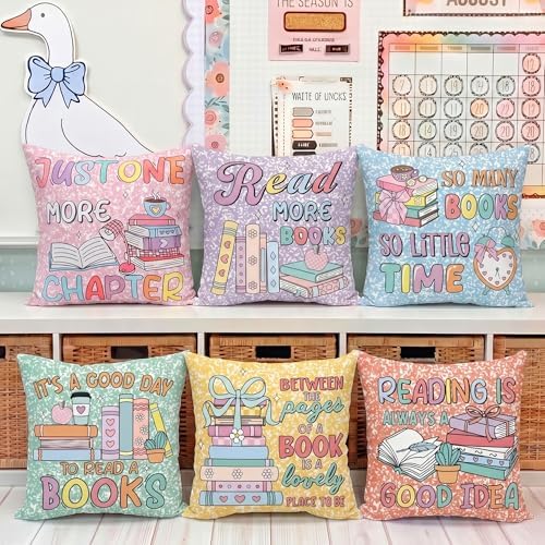 Tranqun 6 Pcs Pastel Reading Classroom Pillow Covers 18 x 18 Inch