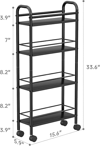 Miniatura 8 de Carrito de almacenamiento delgado, carrito utilitario rodante de 4 niveles sobre ruedas, carrito de estantería estrecha para espacios pequeños en