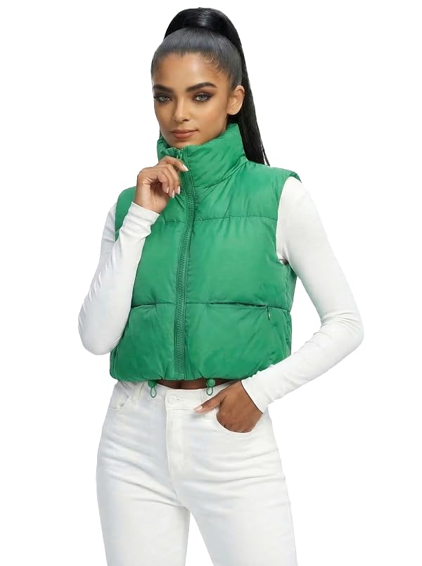 Fuinloth Women's Padded Vest, High Stand Collar Lightweight Zip Crop Puffy Gilet Bright Green XS by Fuinloth - Used condition - Image 2