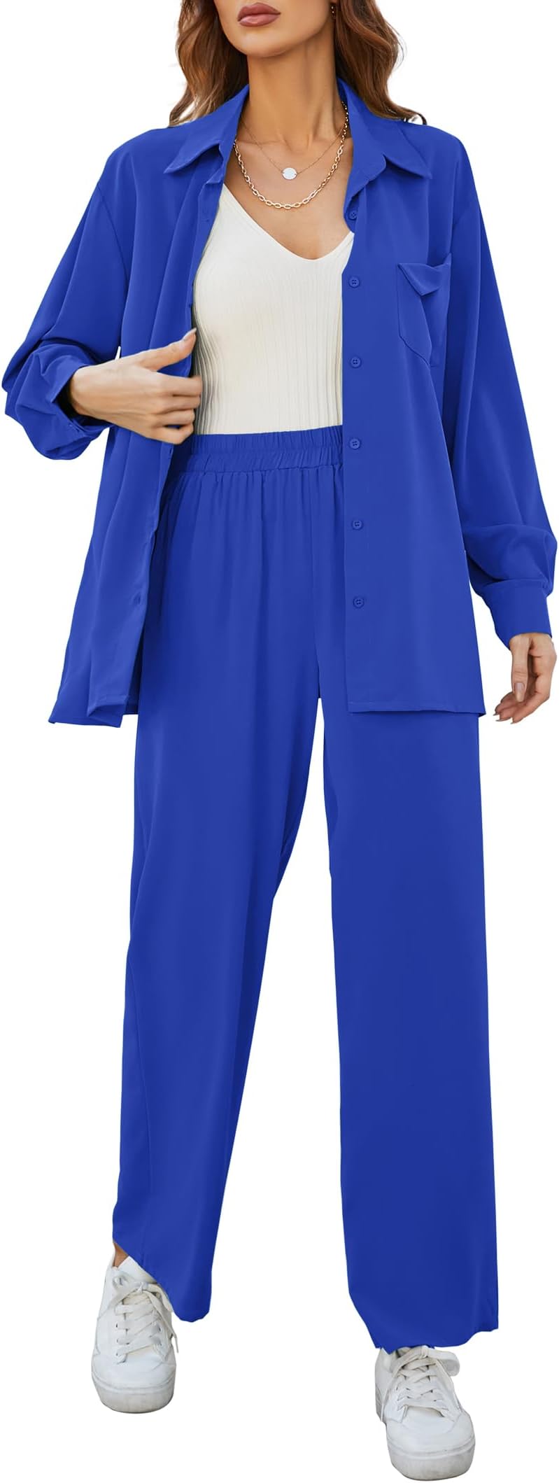 MISSKYWomen's Casual 2 Piece Sets Long Sleeve Button Down Shirt Wide Leg Streetwear Pants