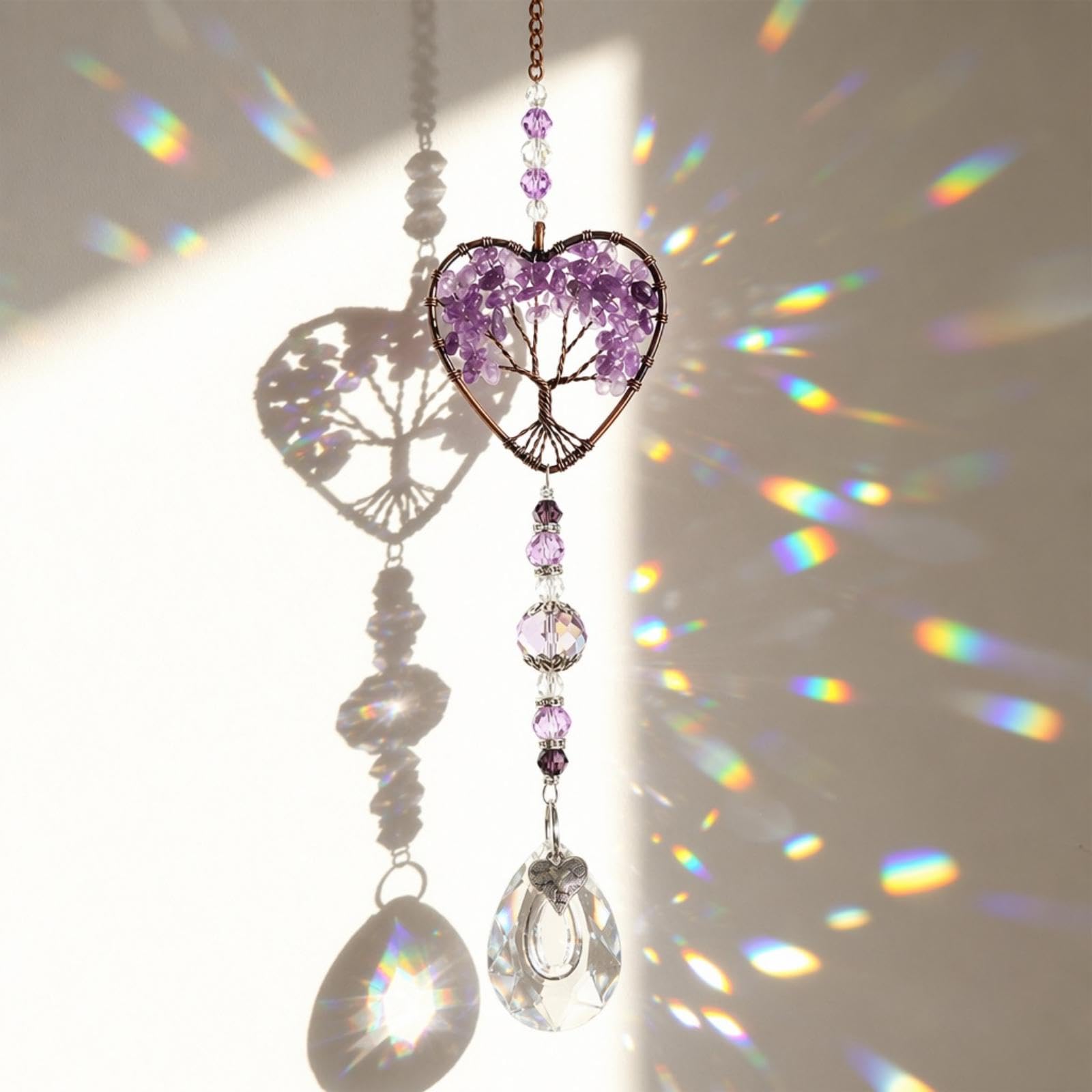 Sun Catchers with Purple Crystal Tree of Life, Hanging Crystals for Windows for Home, Garden & Car Décor, Rainbow Maker, Healing Gifts for Women, Birthday, Anniversary & Housewarming Gifts