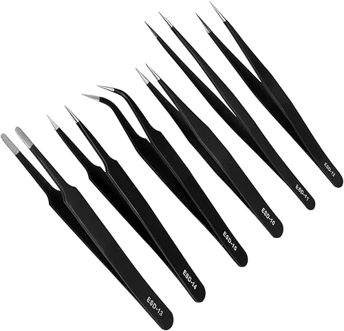 Miniatura 1 de Utoolmart Juego de pinzas de precisión, 6 en 1, de acero inoxidable, antiestáticas, industriales, ESD, para soldadura electrónica, reparación de