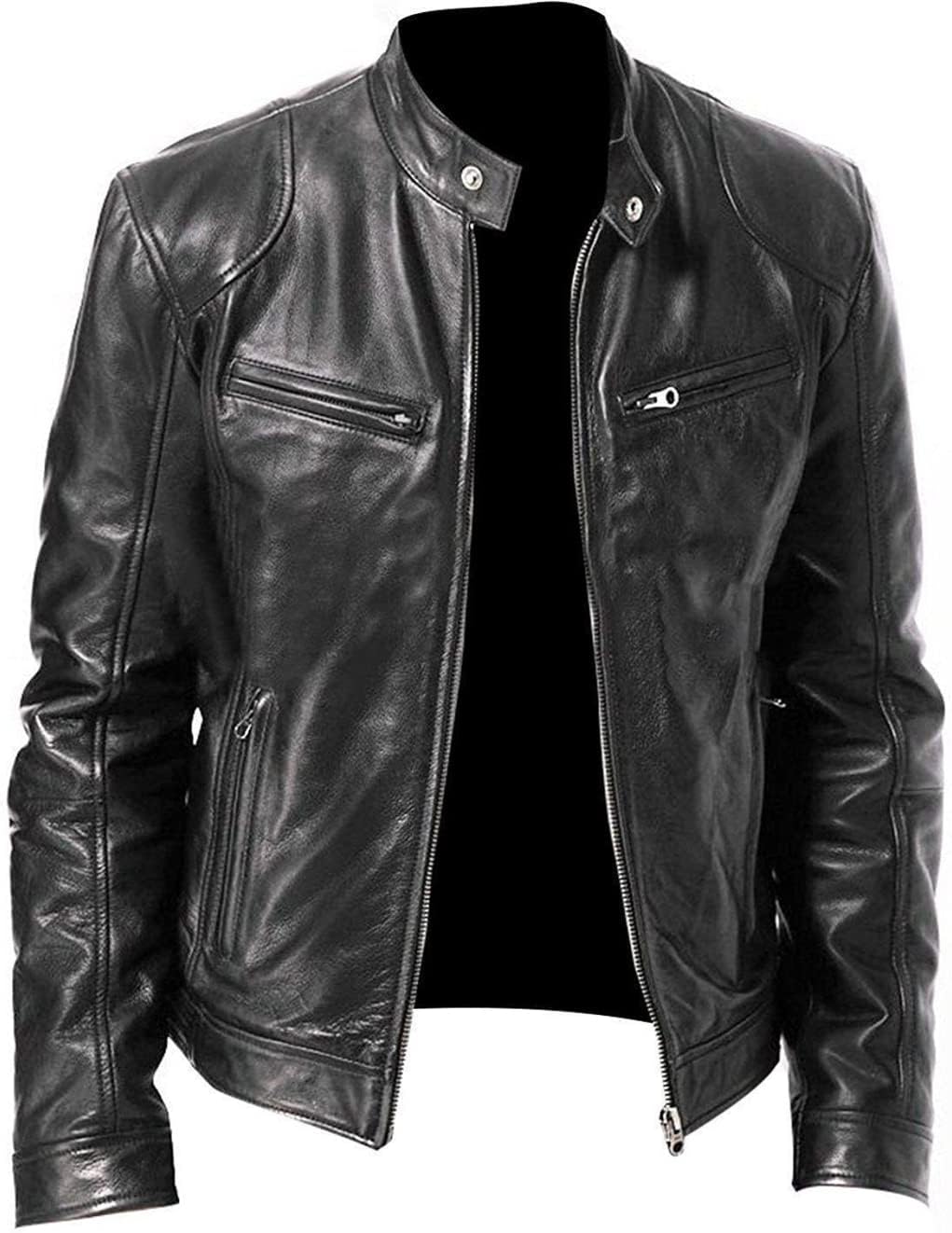 Large Size 3XL-5XL PU Jacket for Men Loose Casual Khaki Faux Leather Coat Outwear Stand Collar Motorcycle Jacket with Pockets