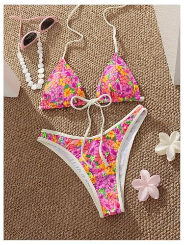 Image of WDIRARA Women's Floral Polka Dots Bikini Sets Triangle Halter String Swimsuit 2 Piece Bathing Suit