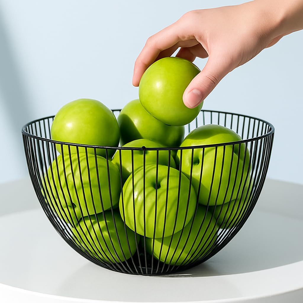 AMERTEER Big Fruit Bowl, Wave Fruit Basket, Metal Wire Vegetable Bowl, Large Round Storage Baskets, Creative Bread Fruit Candy Dish for Table Living Room, Kitchen, Pantry, Office (Black)