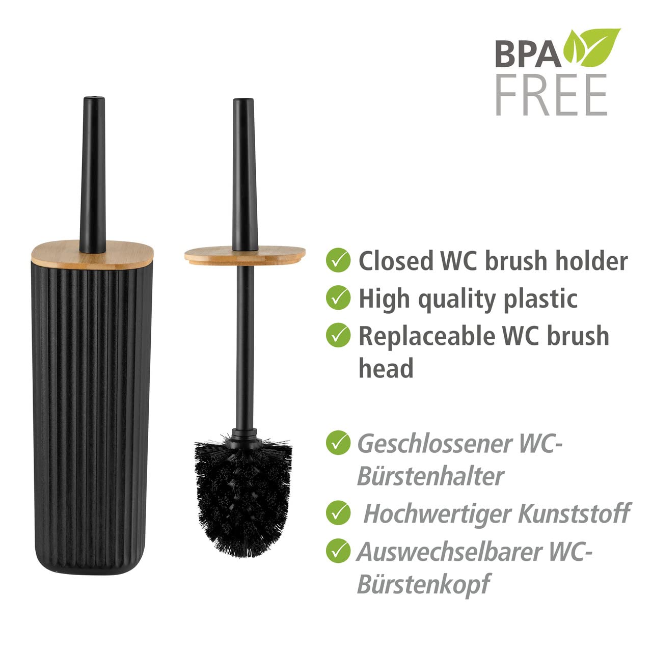 WENKO Rotello toilet brush set, closed toilet brush holder made of high-quality plastic with bamboo lid and grooved structure - Image 3