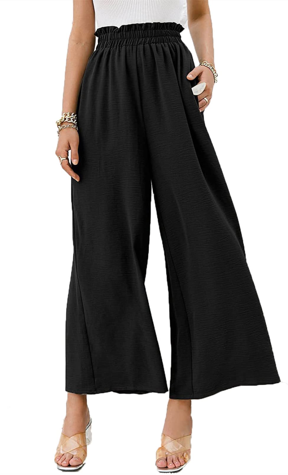 Honeystore Womens High Waist Casual Wide Leg Long Palazzo Pants Loose Lounge Comfy Trousers