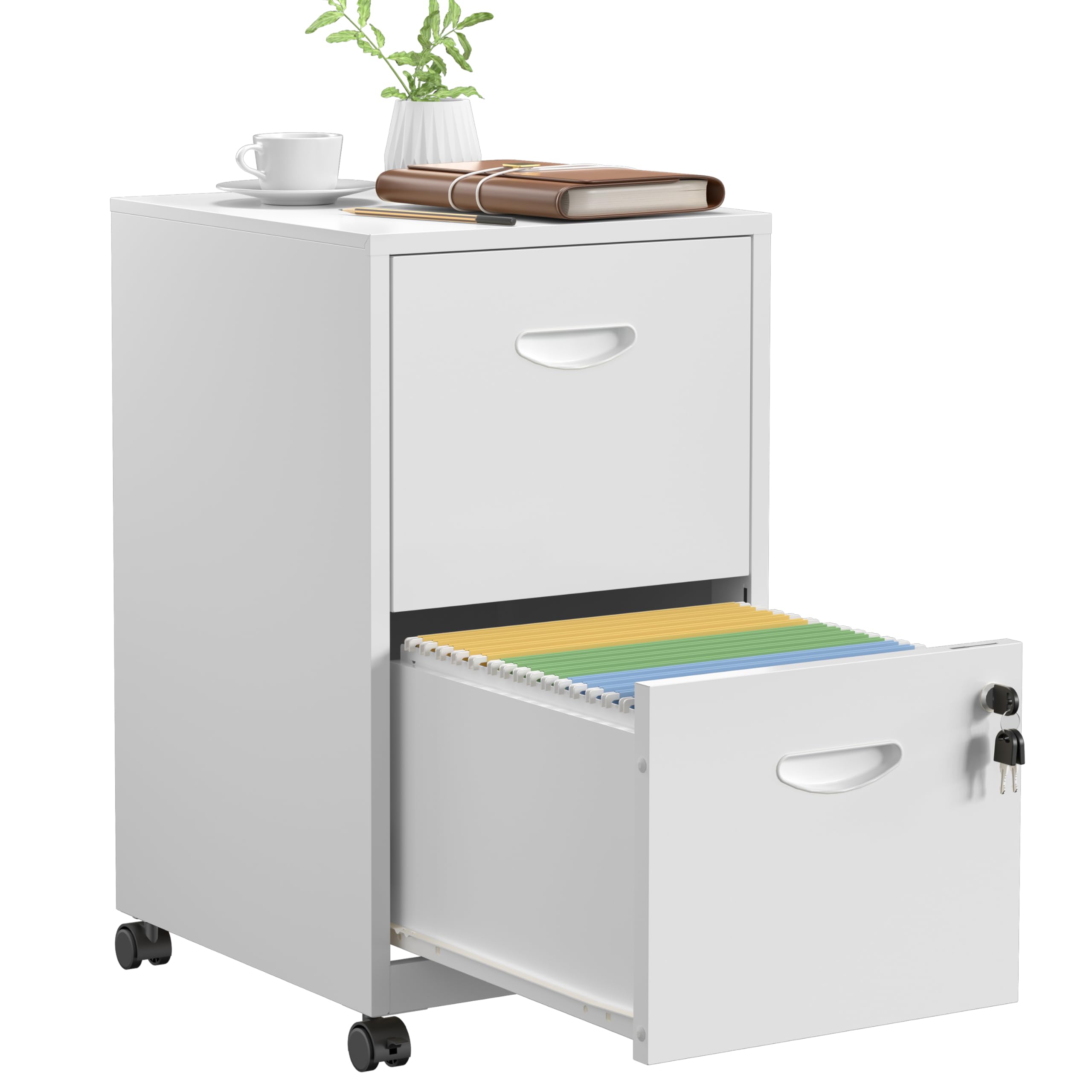 SteeLoong 2 Drawer File Cabinet with Lock，White Rolling File Cabinet for Home Office, Metal Small Mobile Filing Cabinets on Wheels for Hanging Letter