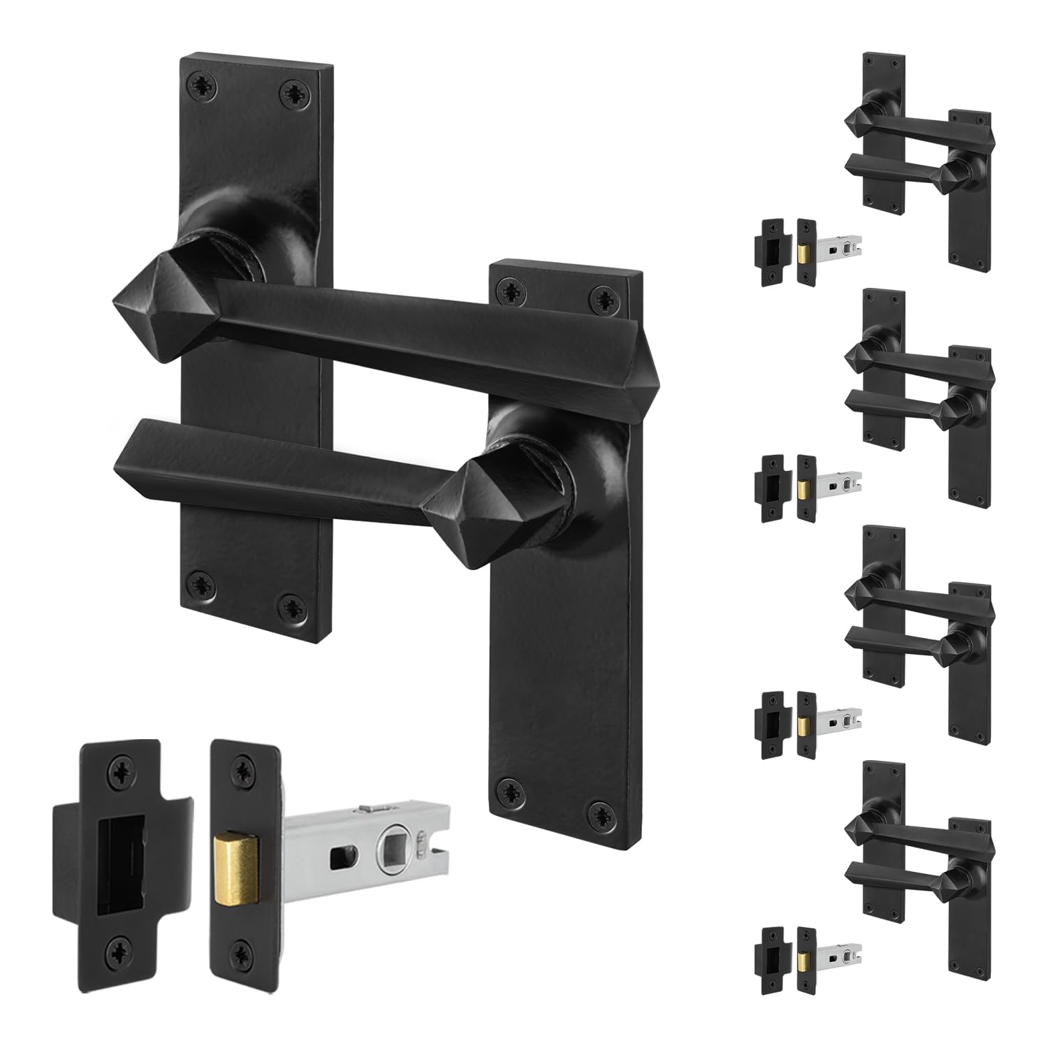 Eai Black Antique Door Handles Latch, 5 Pairs Of Rustic Cast Iron Backplate Internal Handles And Latch 64Mm, Tudor Range