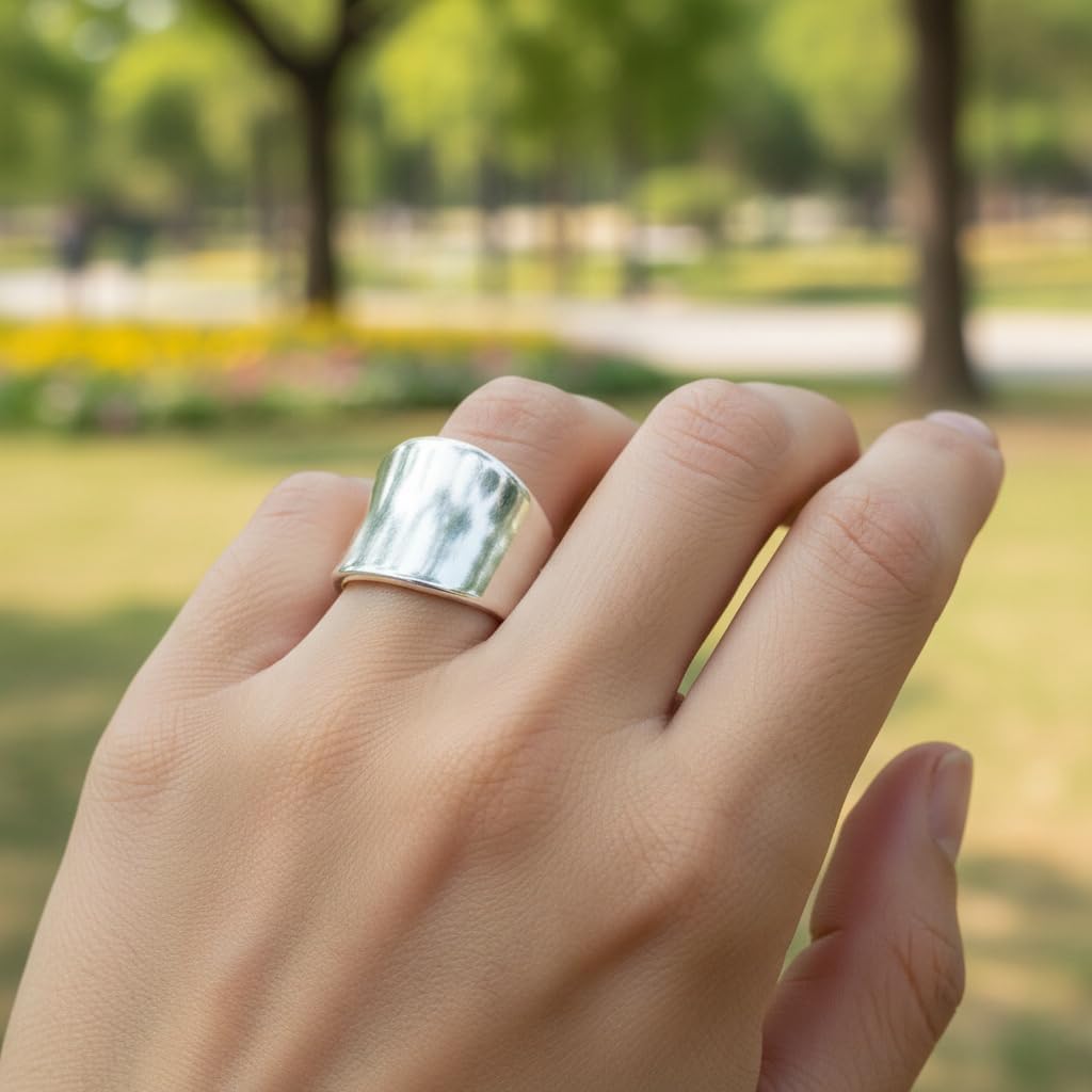 Classic Silver Wide Band Ring, Thick Silver Plated Statement Thumb Index Finger Chunky Cocktail Party Ring Jewelry - Image 2