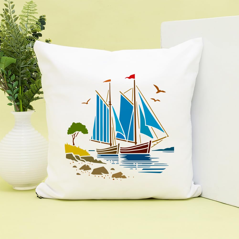 Pochoir Bateau Thème Maritime - 30x30 Cm Avec Pinceau - Pour Décorer Murs, Sols, Bois - Motif Voilier, Mer, Oiseaux, Arbres