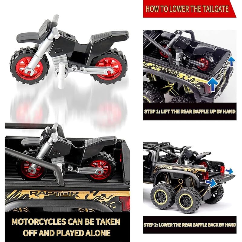 Image of Kids Model 1:24 Raptor F150 Die Cast Metal Car Pull Back Action Opening Doors with Realistic Engine Sound Lights Toy Car Gift for Boys - Black