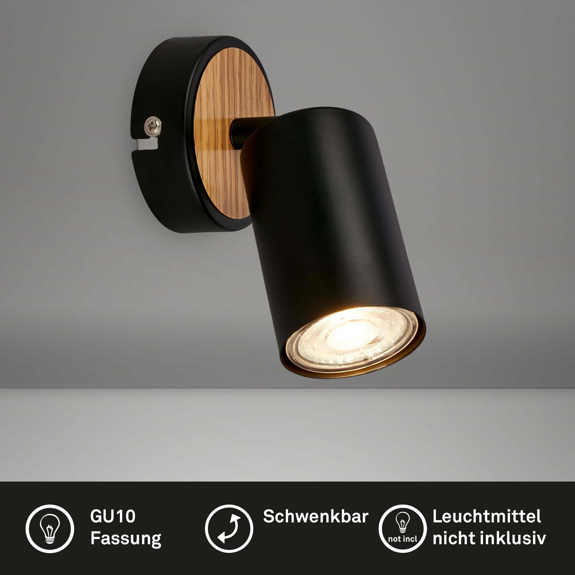 BRILONER - Lampa ścienna obrotowa GU10, maks. 9W, kinkiet do salonu, kuchni, sypialni, przedpokoju, 8x15,5 cm, czarne drewno – styl industrialny i funkcjonalność