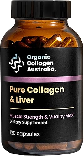 Organic Collagen Australia Strength & Vitality Cápsulas de colágeno puro e hígado con vitamina B12, 120 unidades
