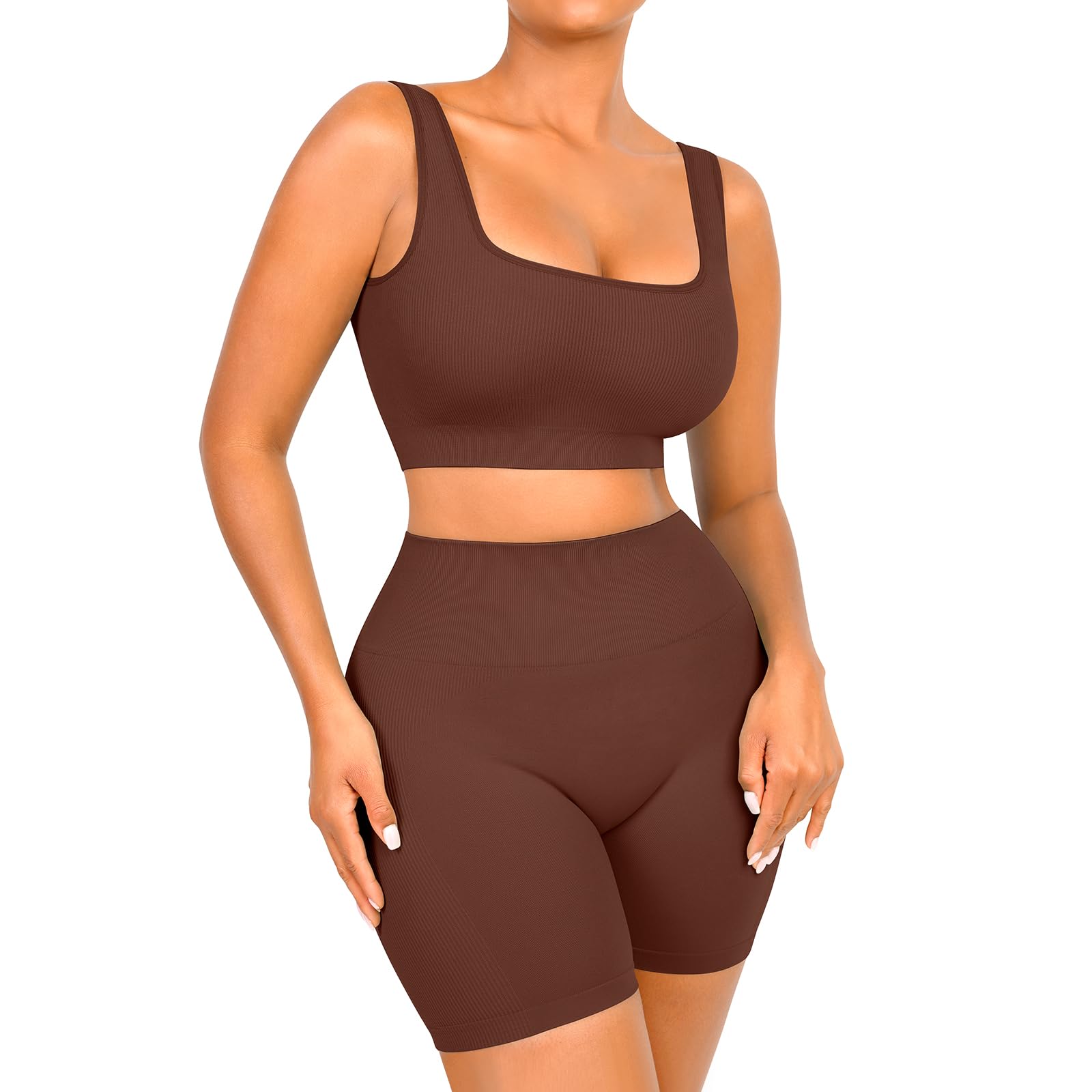 FeelinGirlWorkout Sets for Women 2 Piece Outfits Seamless Ribbed Sport Bra High Waist Shorts Reg & Plus Size