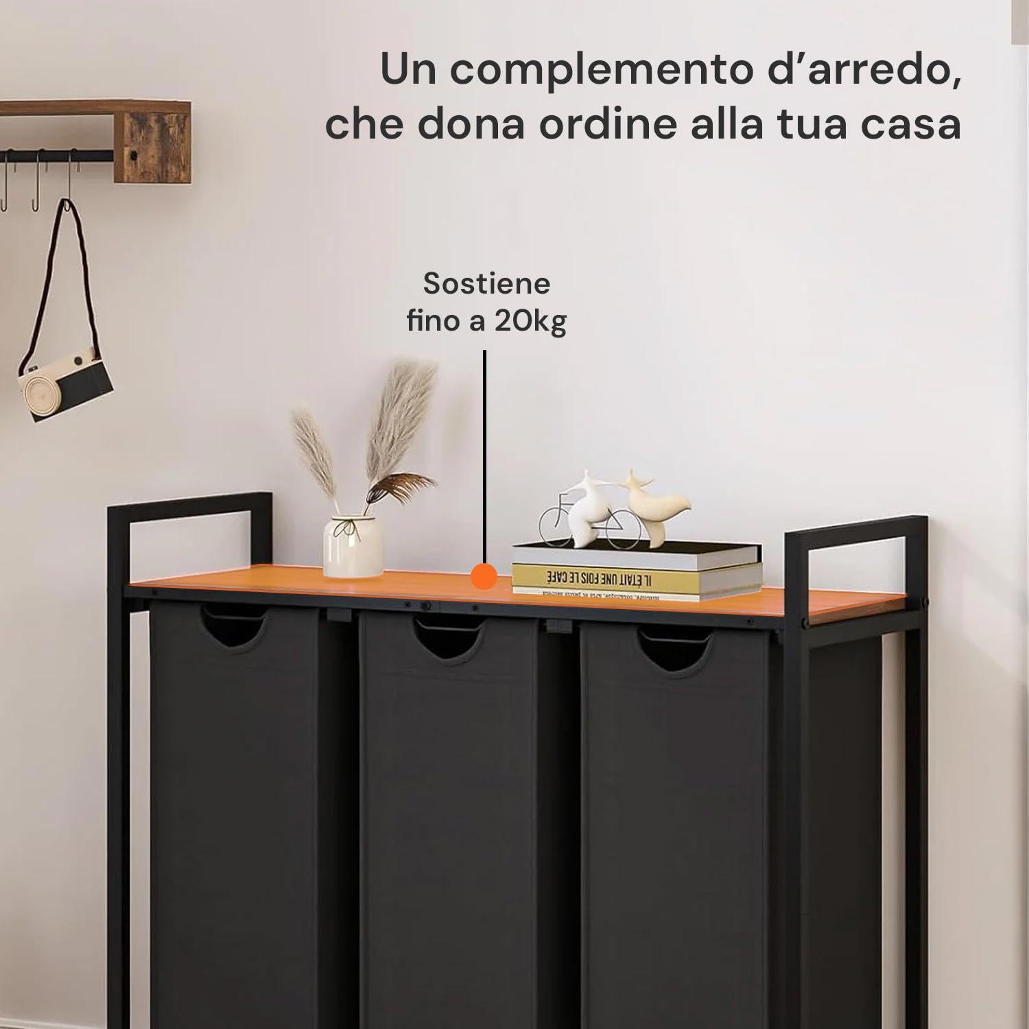 Cesto Portabiancheria Triplo con Sacchi Estraibili 3x38L, Ripiano Salvaspazio Nero-Grigio per Organizzazione Chiari e Scuri