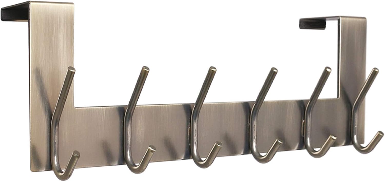 VXAR Over The Door Hook Hanger Heavy Duty Stainless Steel Coat Rack for Hanging Towel Clothes Robes Bag Purse Bathroom Bedroom 6 Hooks Bronze 1P