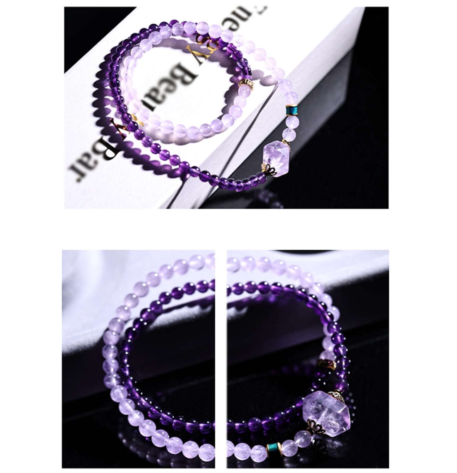 Bracciale con Perline di Cristallo Naturale, Cristalli con Pietre preziose, Gioielli con Perline, bracciali Elasticizzati Multistrato con Vera Ametista per Donne