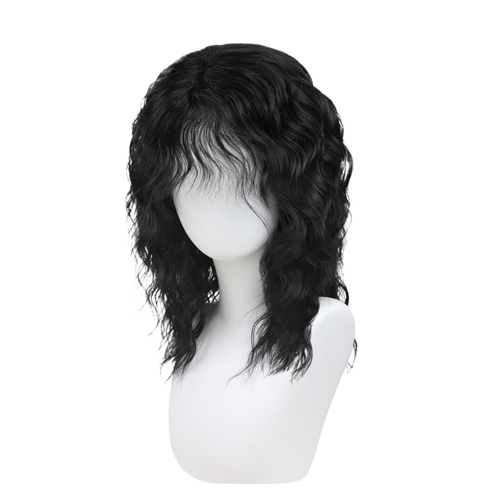 Parrucca sintetica naturale bionda da 1 pezzo, capelli ricci lunghi for uomo, uso quotidiano, a strati con frangia(Black)