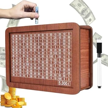 Wooden Money Box, Savings Challenge Money Box Bank Cash, Cash Saver Box with Money Target and Numbers Cash Vault Wooden Savings Box With Counter, Birthday Gift Saving Challenge Box  5000