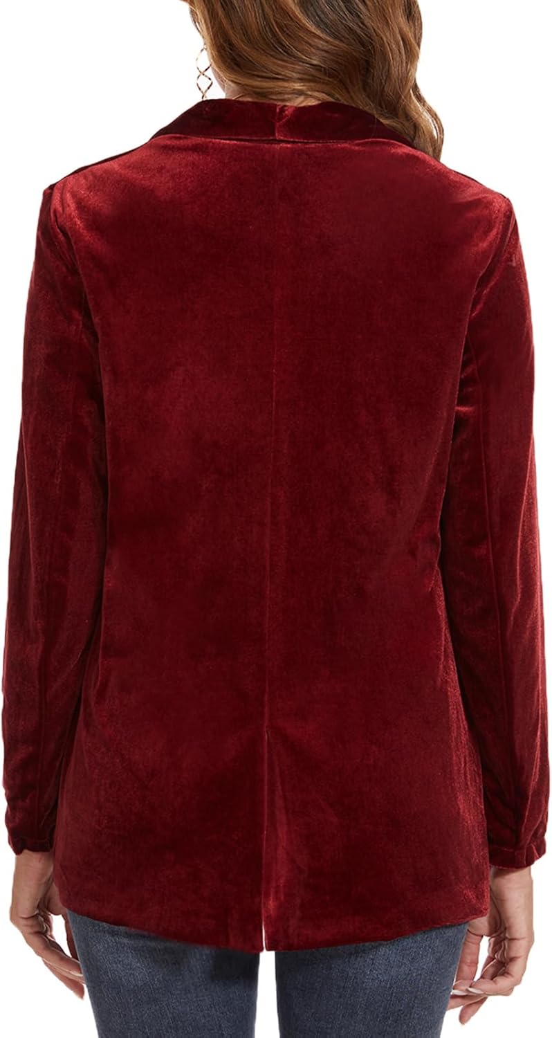 MINTLIMIT Women's Long Sleeve Velvet Cardigan Jacket Shawl Collar Open Front Vintage Blazer with Pocket (Wine Red - Size L), Large