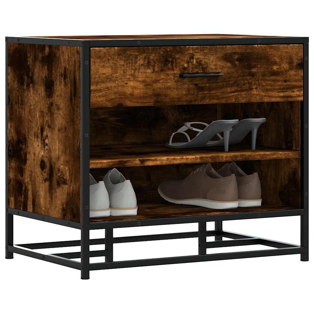 Fengshui Schuhbank Räuchereiche 60x40x53,5 cm Holzwerkstoff Metall | Stabiler Metallrahmen, pflegeleicht, viel Stauraum, mit Wandhalterung