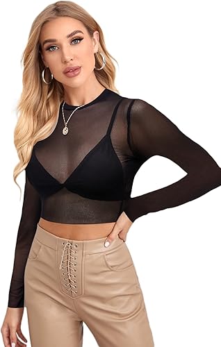 Miniatura 6 de Verdusa Camiseta básica de manga larga para mujer, de malla transparente