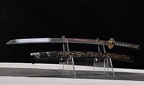 Miniatura 4 de HERO SWORD Arcilla Katana de dragón hecha a mano de acero templado T10 real Hamon Samurai Espada Auténtica Cuchillos Japoneses Navaja Afilada Negro