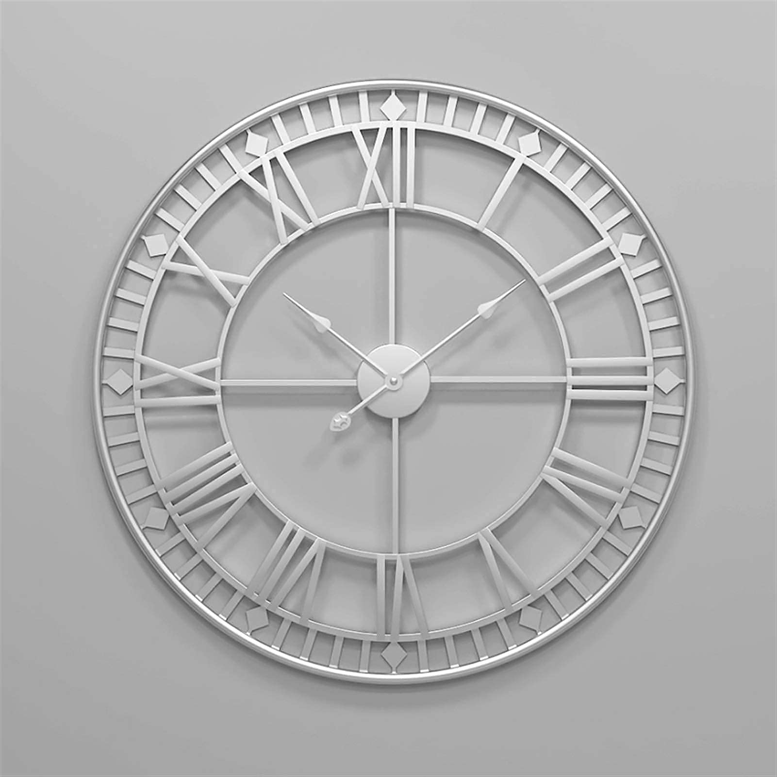 SaryEdge Wall Clock 80Cm Modern 3D Large Retro Iron Round Art Hollow Metal Wall Clock Nordic Roman Numerals Clock,Silver,Silver,Silver