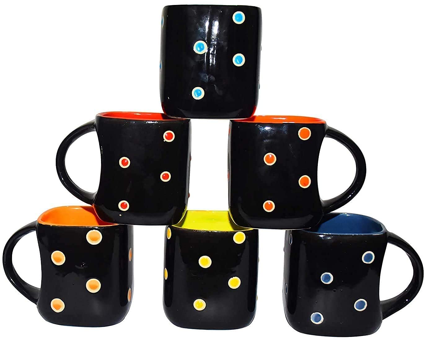 RAINCARTRAINCART Creation Ceramic Handcrafted Black Pari Dot Printed Microwave Safe Tea Cup/Coffee Cup Set Ideal Best Gift for Friends, Family, Home, Office use, Kitchen Cup Set (Set of 6, 130 ML)