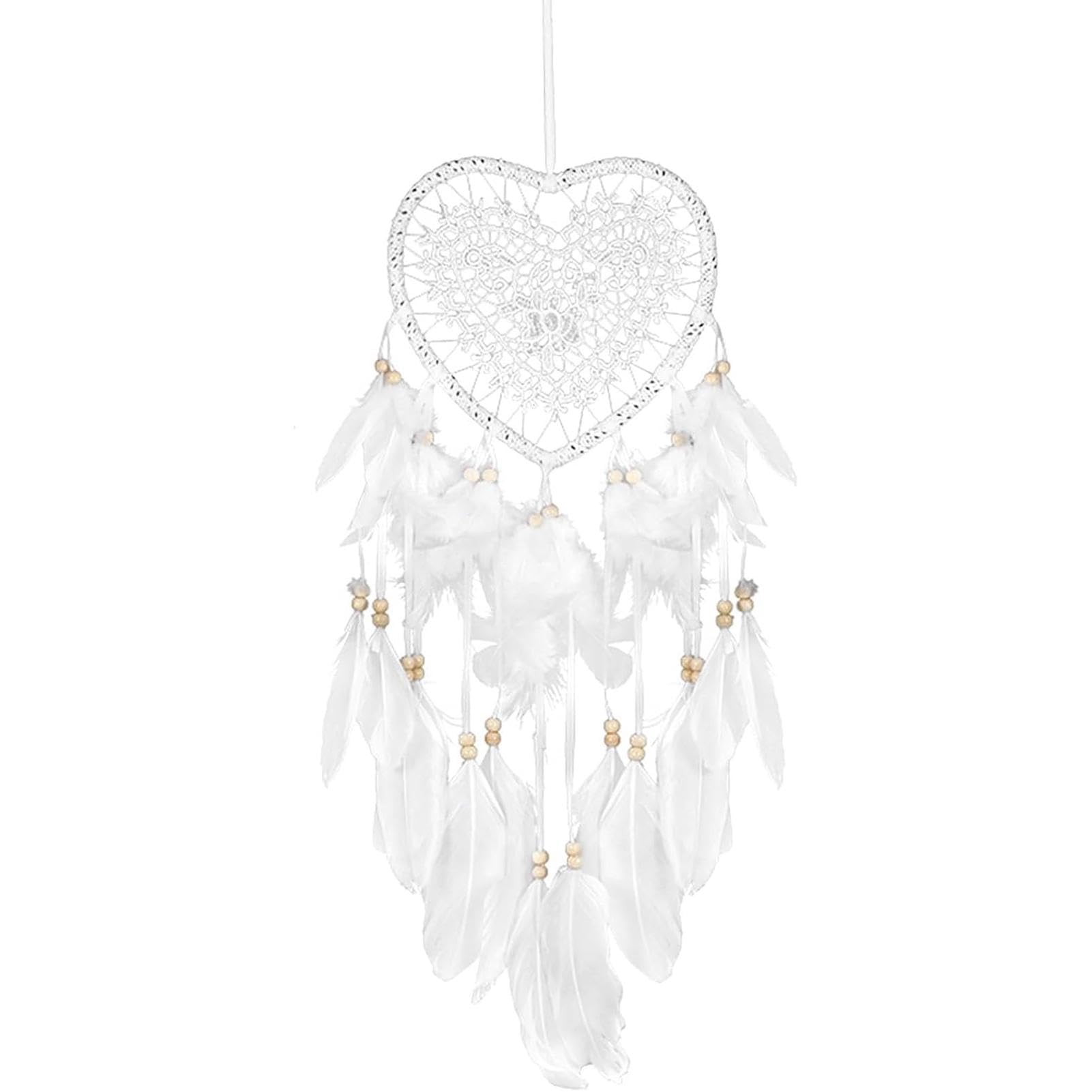 Lovely Heart Shape Dream Catcher, Handmade Lace with Feather and Bead Wall Hanging, Boho Woven Art Ornament Wind Chime for Home, Bedroom Decor, Craft Gift