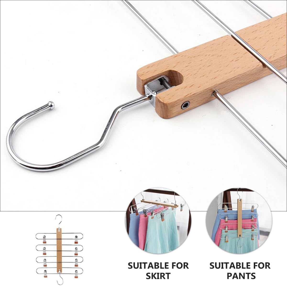 Grucce Pinza per Pantaloni e Gonne in Legno, Oro, 1 Pezzo | Struttura Multistrato Pieghevole e Telescopica, Bagno e Camera da Letto, Finitura senza Sbavature