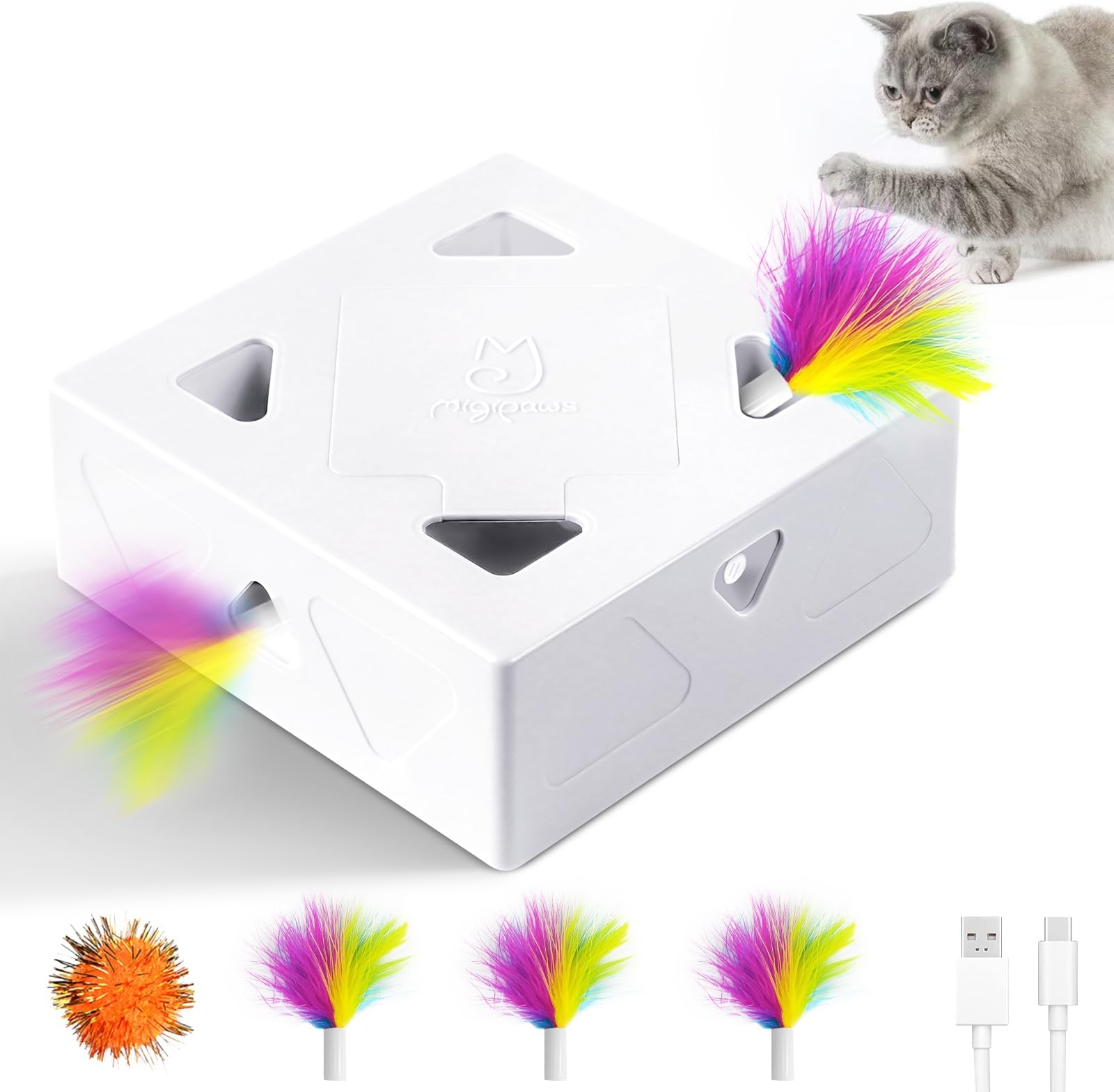 Migipaws Cat Toys, Interactive Automatic Feather Mice 7 Holes Mole Strike Obsessive Play for Pet Cats, USB Charging, 4 Pcs Pen Cartridges