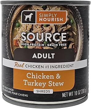 SIMPLY NOURISH Source Adult Chicken and Turkey Stew Shreds, Wet Dog Food, 10 Ounce Can