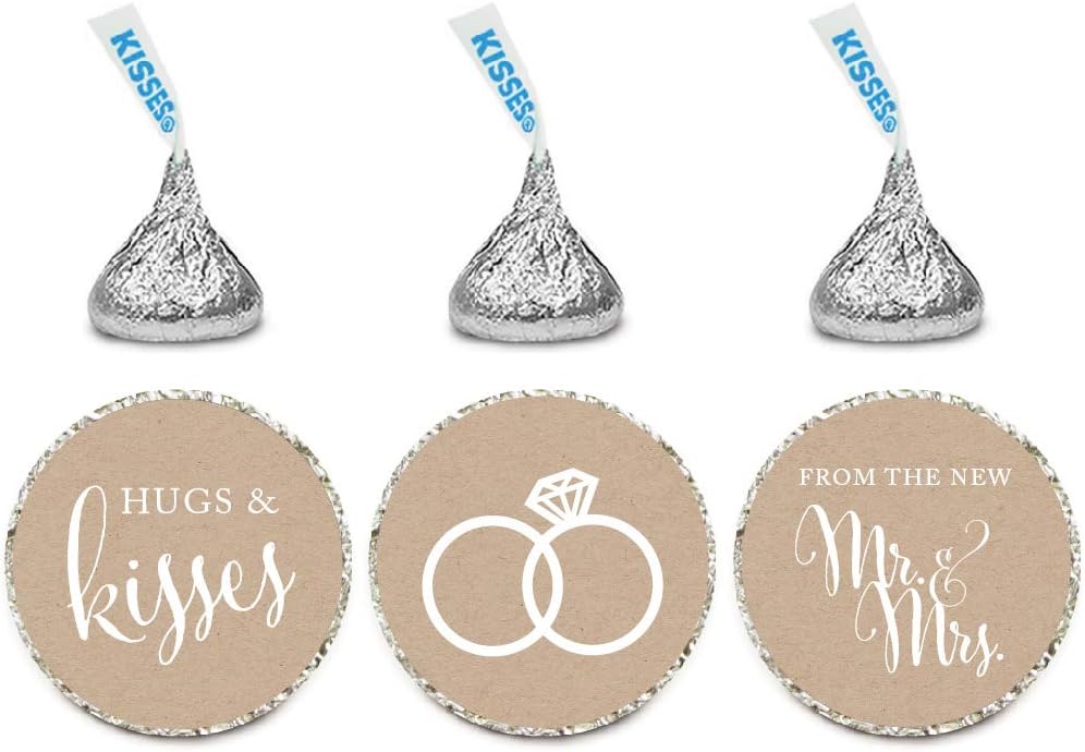 Andaz Press Chocolate Drop Labels Stickers, Wedding Hugs & Kisses from The New Mr. & Mrs, Kraft Brown, 216-Pack, for Bridal Shower Engagement Kisses Party Favors Decor